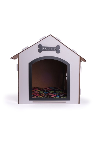 Ahşap Özel İsim Baskılı Dekoratif Köpek Evi-Kulübesi, Küçük Irk Köpekler İçin Kulübe, Köpek Kulübesi Beyaz-Siyah