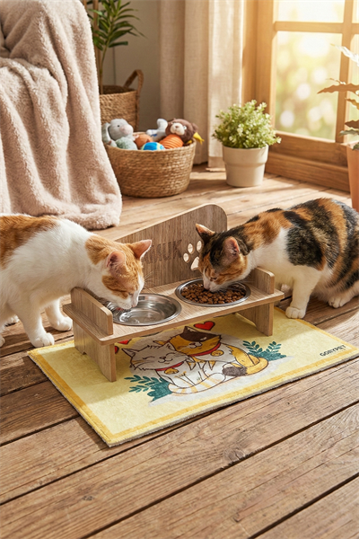 Ahşap Özel İsim Baskılı, Kare Kedi Köpek Mama Su Kabı Standı, Metal Suluk, Kedi Köpek Halısı