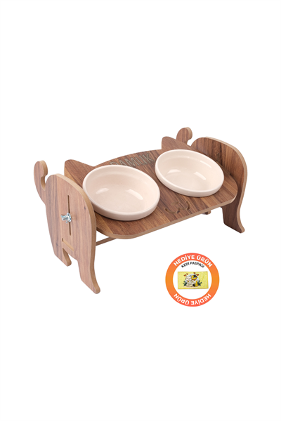 Ahşap Özel Isim Baskılı, Kedi Mama Seramik Su Kabı Standı Hediye Kedi Halısı