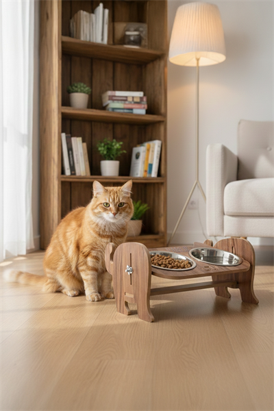 Ahşap Özel Isim Baskılı, Kedi Mama Seramik Su Kabı Standı Hediye Kedi Halısı