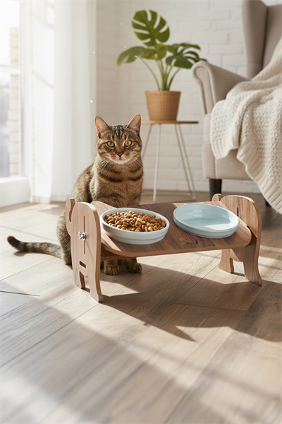 Ahşap Özel Isim Baskılı, Kedi Mama Seramik Su Kabı Standı Hediye Kedi Halısı