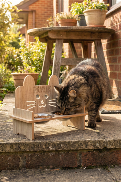 Ahşap Özel Isim Baskılı, Kulaklı Kedi Mama Su Kabı Standı