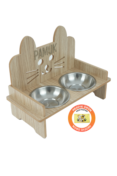 Ahşap Özel Isim Baskılı, Kulaklı Kedi Mama Su Kabı Standı