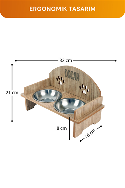 Ahşap Özel İsim Baskılı, Oval Kedi Köpek Mama Su Kabı Standı, Metal Suluk, Kedi Köpek Halısı