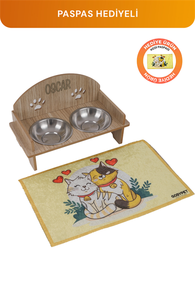 Ahşap Özel İsim Baskılı, Oval Kedi Köpek Mama Su Kabı Standı, Metal Suluk, Kedi Köpek Halısı
