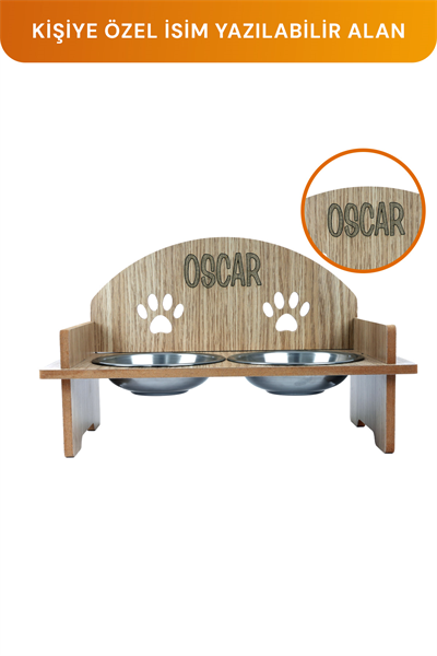 Ahşap Özel İsim Baskılı, Oval Kedi Köpek Mama Su Kabı Standı, Metal Suluk, Kedi Köpek Halısı