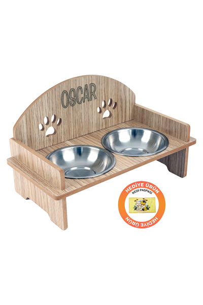 Ahşap Özel İsim Baskılı, Oval Kedi Köpek Mama Su Kabı Standı, Metal Suluk, Kedi Köpek Halısı