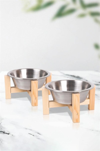 Ahşap Standlı Seramik Dekoratif 2 Adet Kedi Köpek Mama Ve Su Kabı