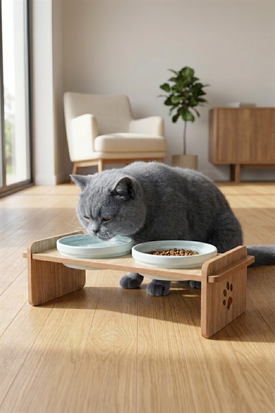 Ahşap Standlı Seramik Kaseli Kedi-Köpek Mama Ve Su Kabı
