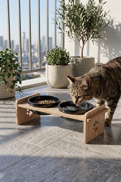 Ahşap Standlı Seramik Kaseli Kedi-Köpek Mama Ve Su Kabı