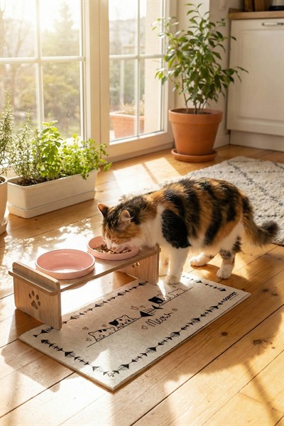 Ahşap Standlı Seramik Kaseli Kedi-Köpek Mama Ve Su Kabı