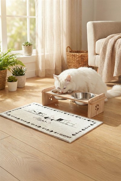 Ahşap Standlı Seramik Kaseli Kedi-Köpek Mama Ve Su Kabı