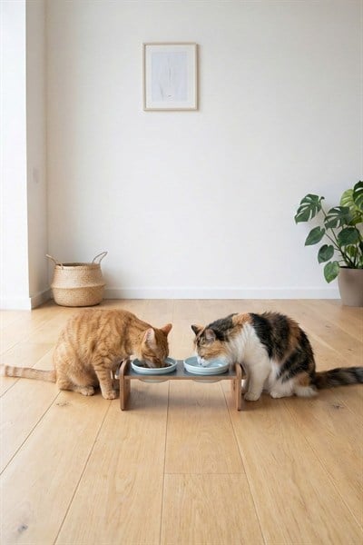 Ahşap Standlı Seramik Kaseli Kedi Ve Köpekler İçin Mama-Su Kabı Antrasit