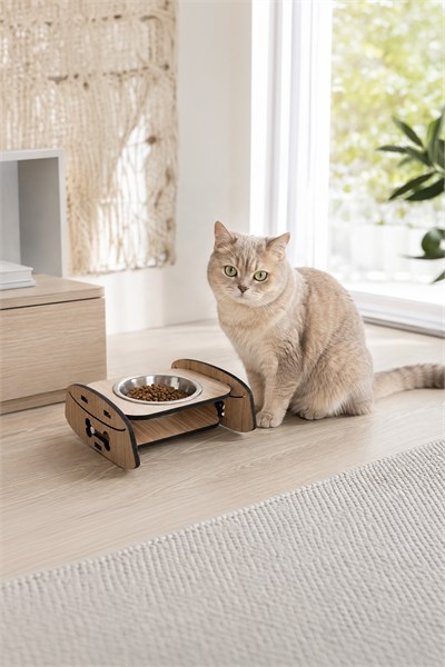 Ahşap Standlı Tekli Küçük-Orta Irk Köpek ve Kediler İçin Mama Veya Su Kabı