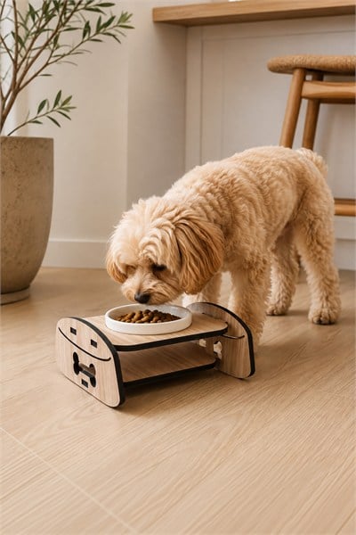 Ahşap Standlı Tekli Küçük-Orta Irk Köpek ve Kediler İçin Mama Veya Su Kabı