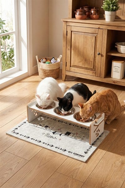 Ahşap Üç Gözlü Ayarlanabilir Kedi-Köpek Mama Ve Su Kabı