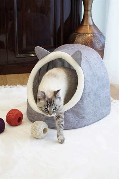 Alas Gri Keçe Kedi Ve Köpek Evi Yatağı-mama Kabı 2 Kaseli Kedi-köpek Suluk,mamalık Paspas Seti