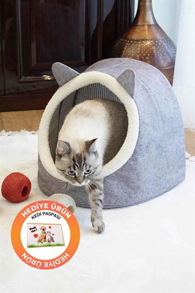 Alas Keçe Kedi Ve Köpek Evi Yatağı Gri Paspas Hediyeli