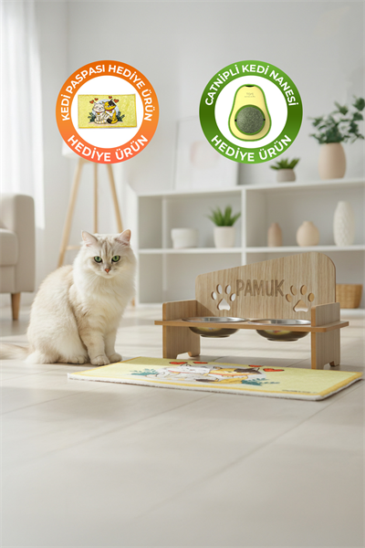 İsme Özel Pati Mama Kabı 2 Kaseli Kedi Köpek Suluk Mamalık, Paspas ve  Avokado Kedi Nanesi Hediye