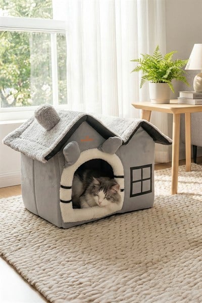 Kedi ve Küçük Irk Köpekler İçin Minderli Lüx Peluş Ev