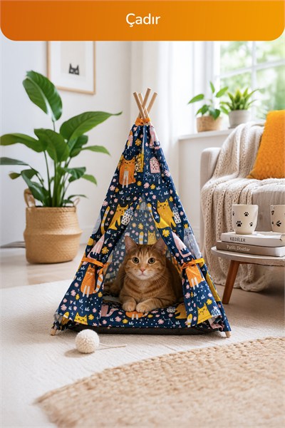 Kedi ve Küçük-Orta Irk Köpekler İçin 4lü Konfor Seti, Çadır, Minder, Mama Kabı, Vantuzlu Cam Yatağı