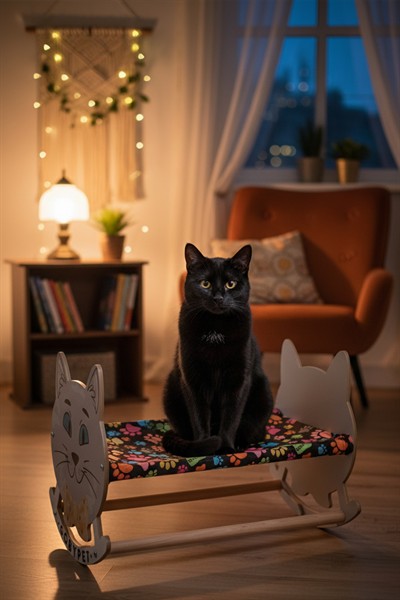 Sevimli Neşeli Kedi Tasarımlı Sallanan Kedi Beşiği