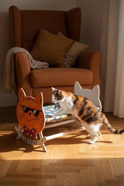 Sevimli Turunculu Kedi Tasarımlı Sallanan Kedi Beşiği