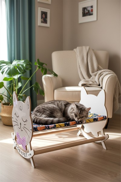 Sevimli Uykucu Kedi Tasarımlı Sallanan Kedi Beşiği