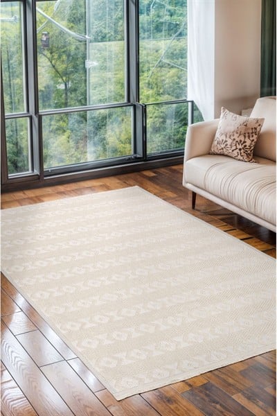 Koza Pamuk Dokuma Halı |Kaymaz Tabanlı | Makinede Yıkanabilir Modern Halı | Salon, Kilim |Krem|KZA01