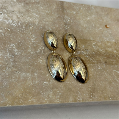 Parlak Metal Çift Oval Formlu Gold Küpe
