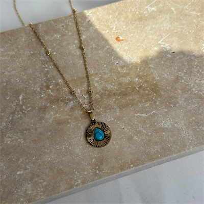 Turkuaz Damla Taşlı Madalyon Gold Kolye