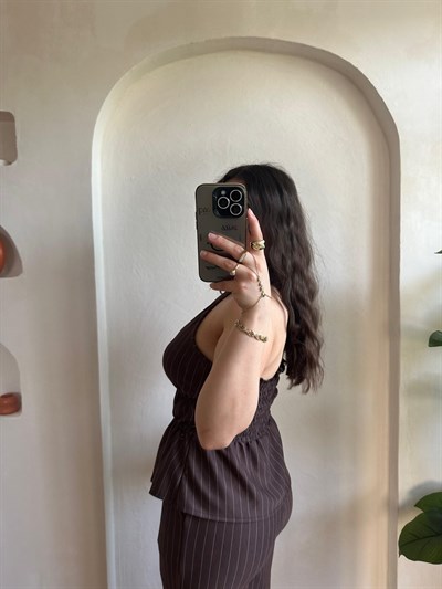 Çizgili Halter Yaka Bağlamalı Takım