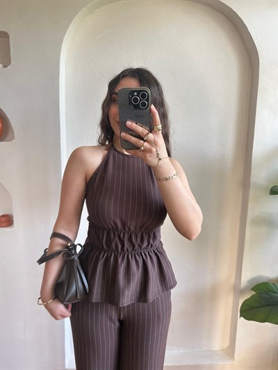 Çizgili Halter Yaka Bağlamalı Takım