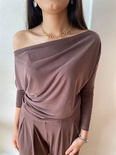 Kahve Düşük Omuz Bluz Pantolon Takım