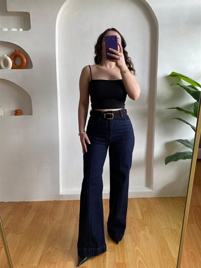 LACİ NERVÜRLÜ SÜET KEMERLİ WİDE LEG JEAN