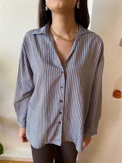 Oversize Mavi Kahve Çizgili Gömlek