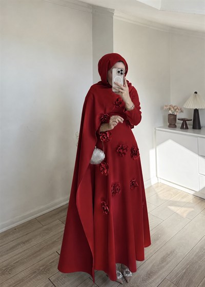 Çiçekli  Abiye Kırmızı
