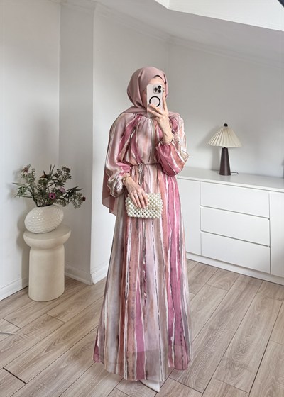 Şifon Çizgili Elbise Pembe