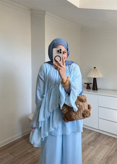 Şifon Katlı Takım Mavi 