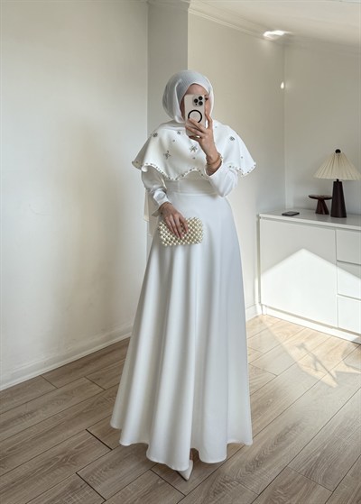 Yakalı Taşlı Abiye Beyaz