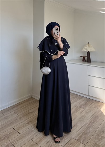 Yakalı Taşlı Abiye Lacivert 