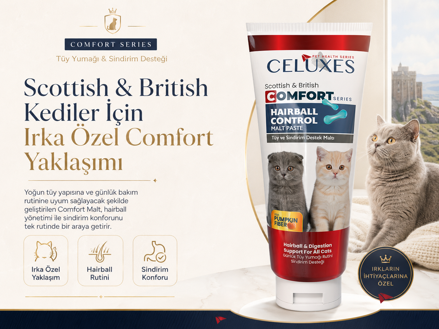 Scottish ve British kediler için Celuxes Comfort Malt ırka özel yaklaşım