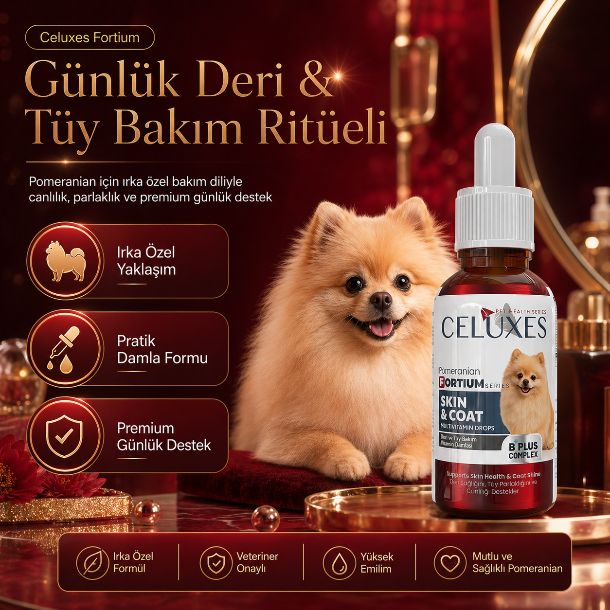 Pomeranian Fortium Parlak Tüy Görünümü İçin Premium Destek