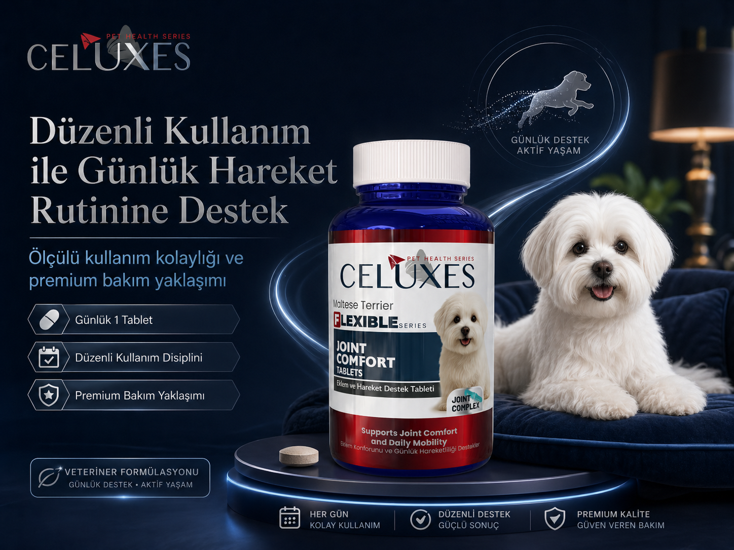 Düzenli kullanım ile günlük hareket rutinine destek Maltese Terrier Flexible Tablet