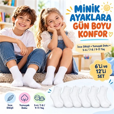 Çocuk Beyaz Çorap 12li İnce Dikişli Yumuşak Nefes Alabilen Okul Günlük Rahat Çorap 5-11 Yaş Seti
