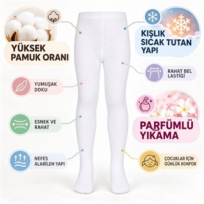 Çocuk Beyaz Külotlu 3lü Çorap Yüksek Pamuklu Kışlık Parfümlü Okul Çorabı Esnek Rahat