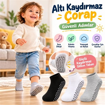 Çocuk Kaydırmaz Tabanlı Patik Çorap 3lü Set Siyah Beyaz Gri Yumuşak Esnek Kokulu Günlük Çorap Rahat