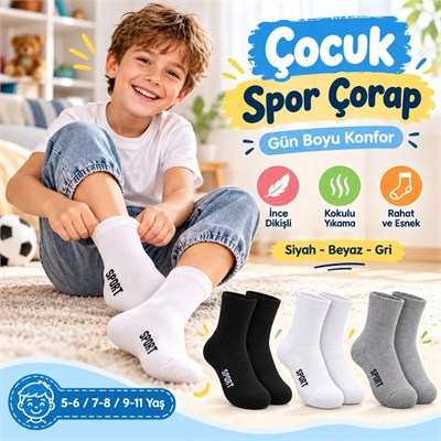 Çocuk Spor Çorap 6lı Set Siyah Beyaz Gri İnce Dikişli Kokulu Yıkama Yumuşak Esnek Günlük Çorap Seti