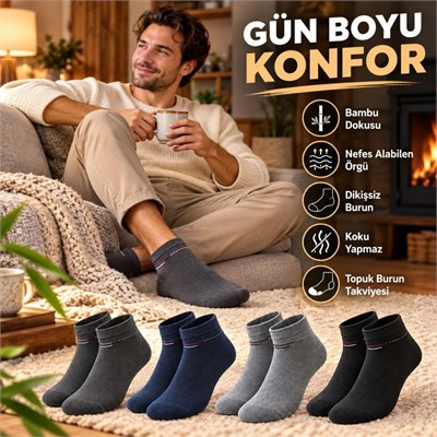 Erkek Bambu Patik Çorap 8li Set Yumuşak Dikişsiz Nefes Alan Sıkmayan Lastikli Günlük Rahat Çorap