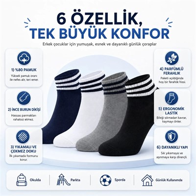 Erkek Çocuk Pamuklu Çizgili Patik Çorap 8li | Nefes Alan Esnek Okul Günlük Spor Çorabı